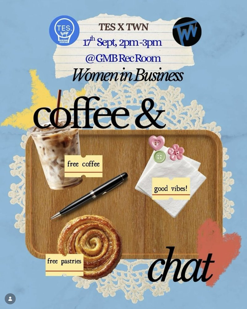 Women in Business Coffee & Chat poster: an iced coffee, a pen and a pastry on a wooden tray. TES x TWN, 17 September, 2pm to 3pm, GMB Rec Room.